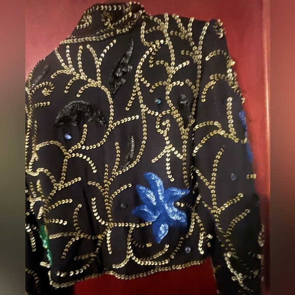 Vtg CARINA Open Front 100% Silk Sz M Crop Sequins Jacket - Picture 4 of 6
